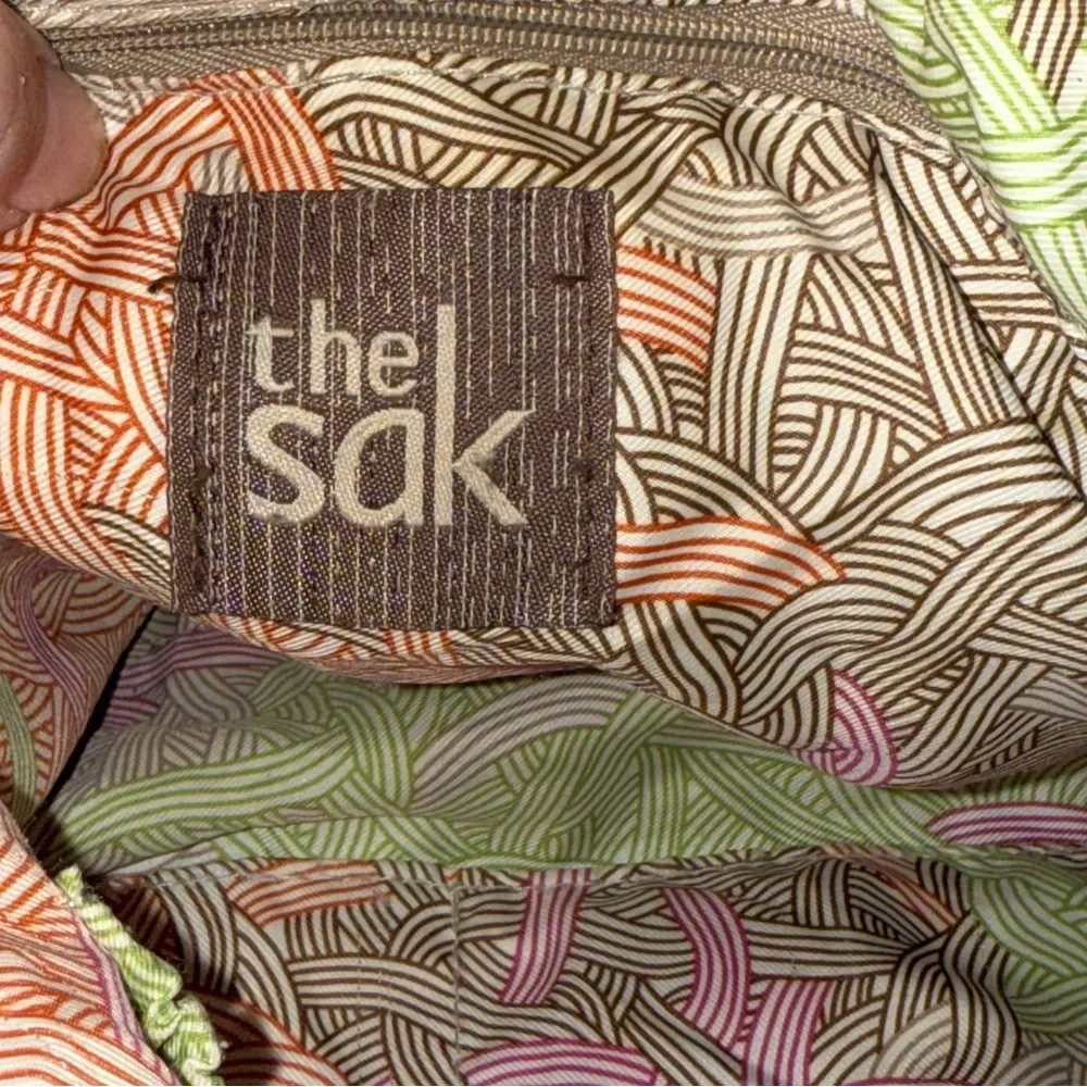 The Sak Tan Leather Shoulder Bag Boho Beaded Accent Braided Strap Medium